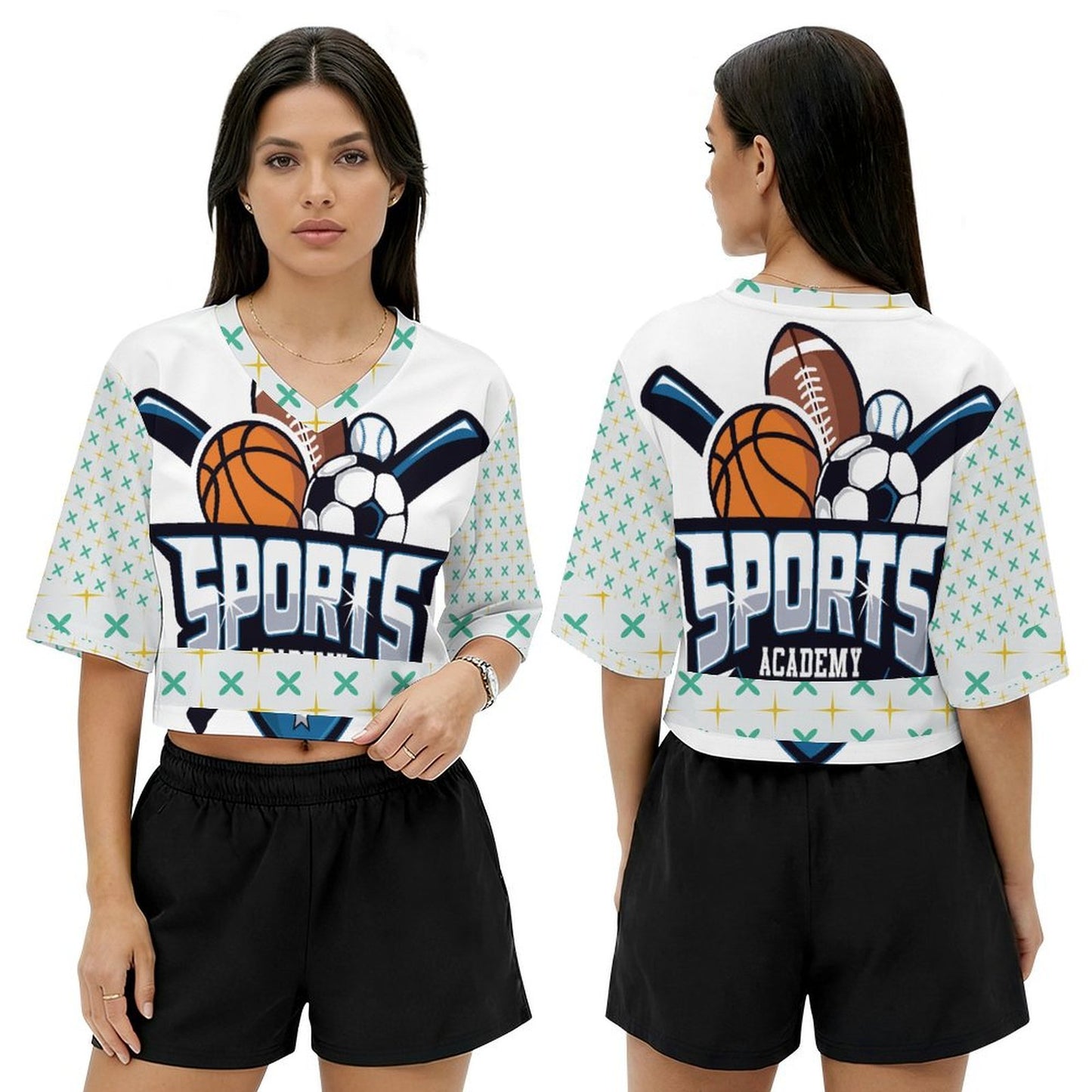 Maglia sportiva crop donna con scollo a V personalizzabile con stampa termica