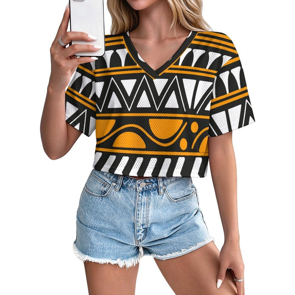 Maglia Corta Donna Traforata con Scollo a V Personalizzabile