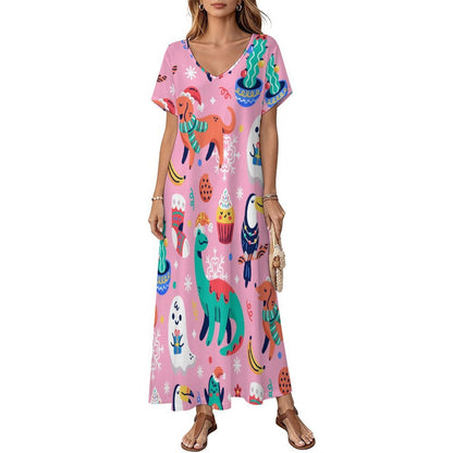 Abito Lungo Donna con Scollo a V in Tessuto Morbido Personalizzabile