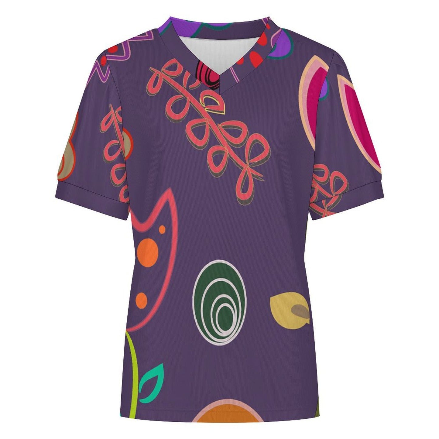 T-shirt donna scollo a V con maniche a sbuffo in tessuto a piccoli costolati con stampa personalizzata