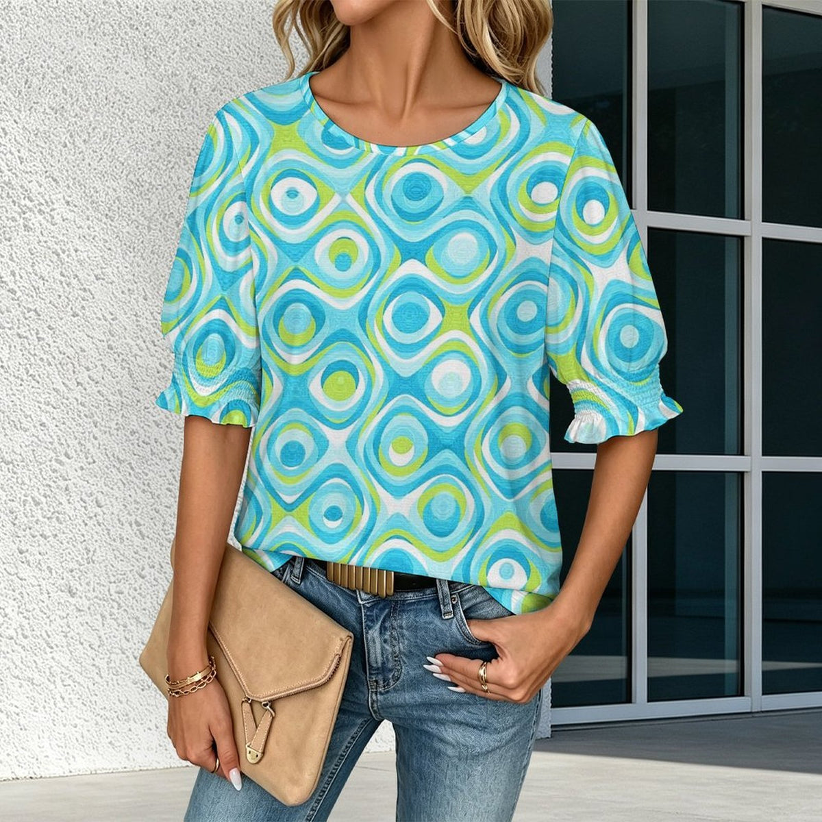 Sleeveless T-shirt with A Cut-out Design Aqua Blue, Swirling, Abstract