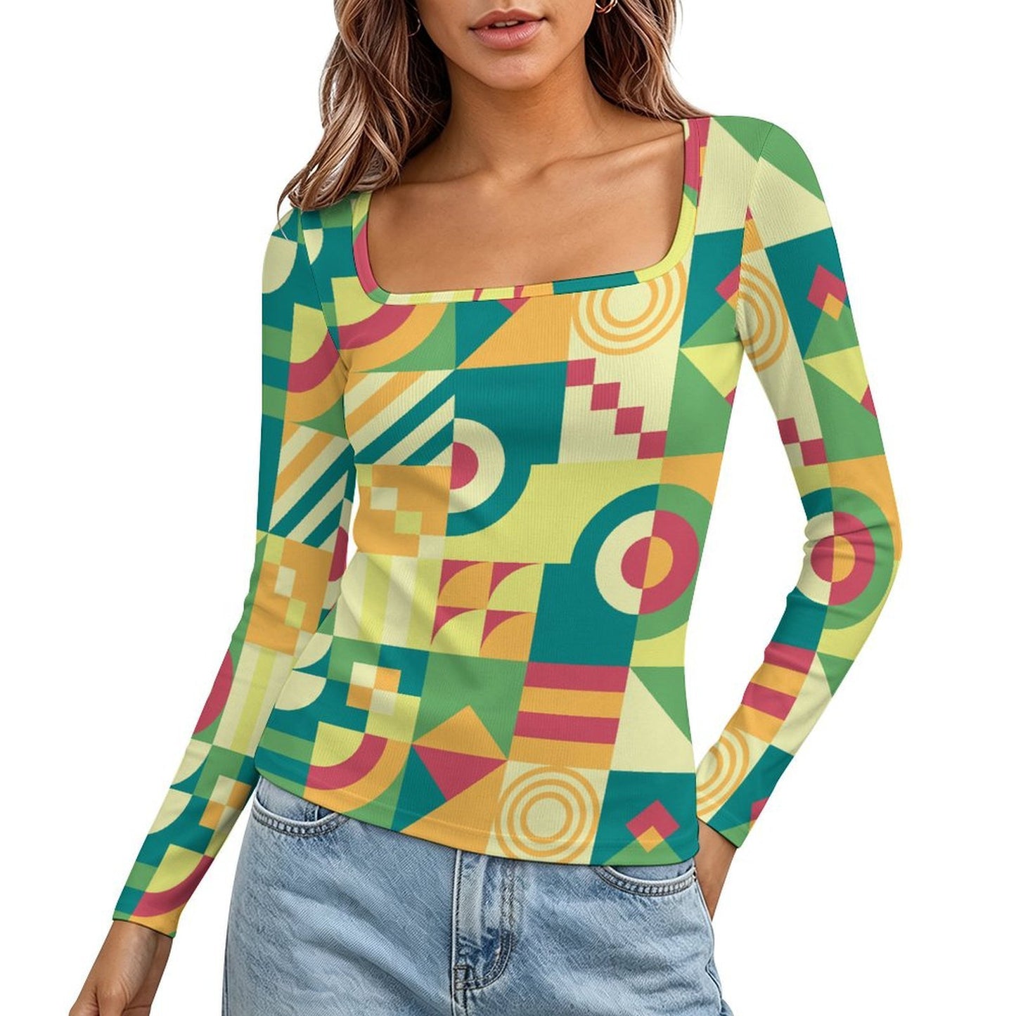 Women's Square Neck Long Sleeved Shirt Green, Puzzle, Abstract Pattern