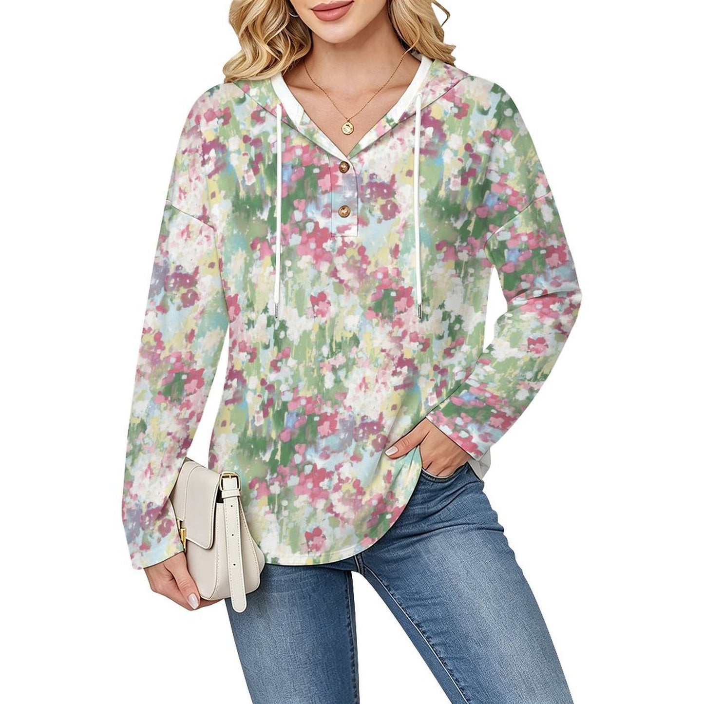 Felpa Donna con Cappuccio Scollo a V e Bottoni Personalizzabile