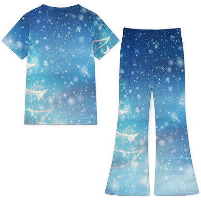 Completo Bambina Due Pezzi con Pantaloni a Zampa Personalizzabile — Top Manica Corta Estivo