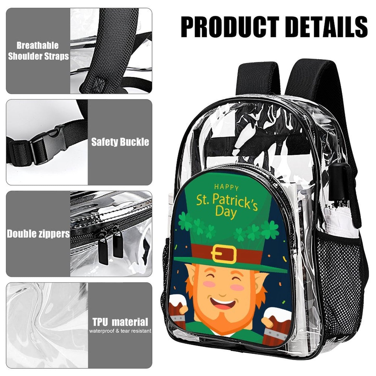 Clear Backpack Personalizzato in PVC con Tasca Laterale in Rete e Stampa UV