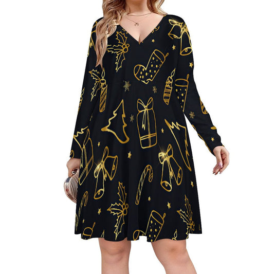 Abito Midi Scollo a V Taglie Forti | Manica Lunga (S-8XL)