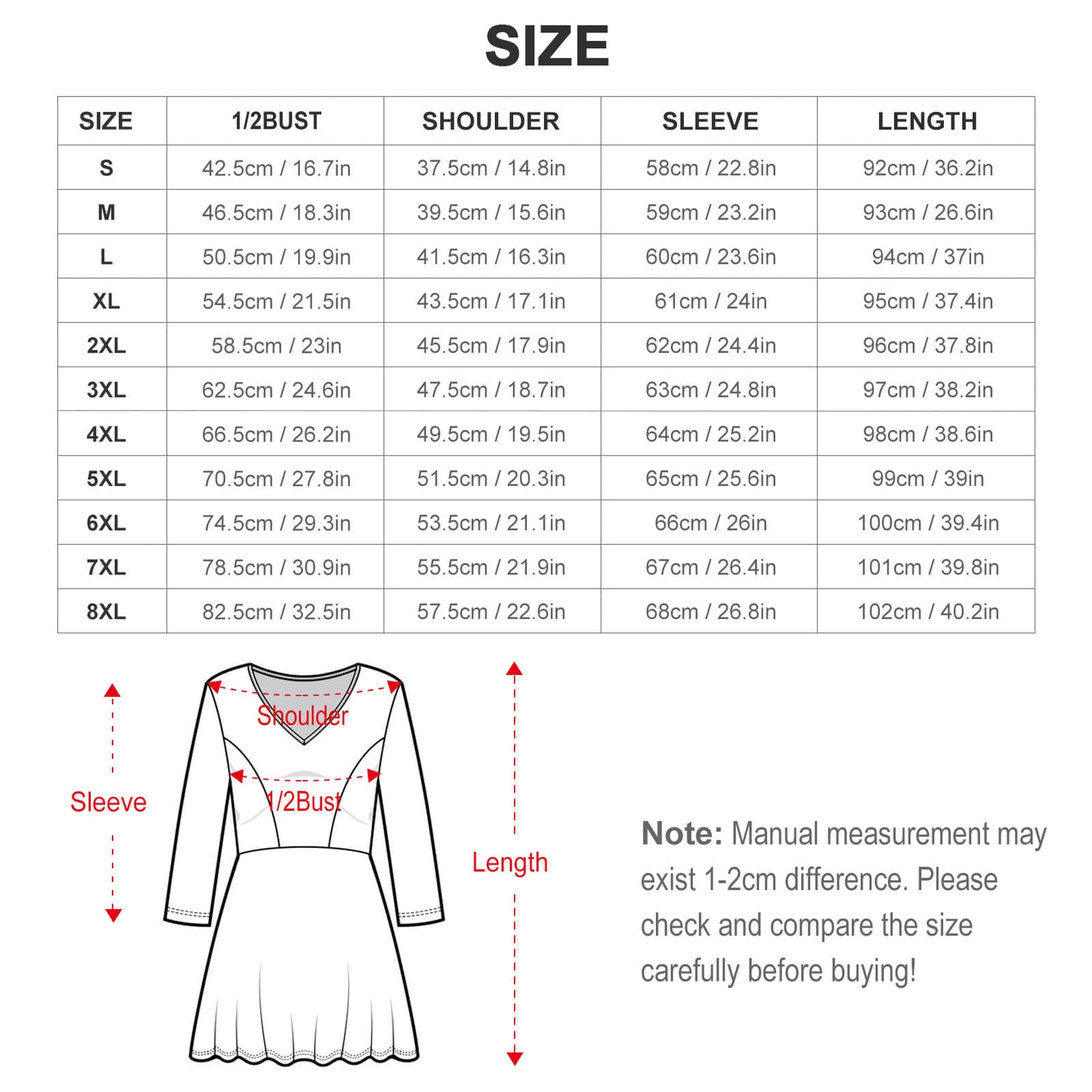 Abito Midi Scollo a V Taglie Forti | Manica Lunga (S-8XL)