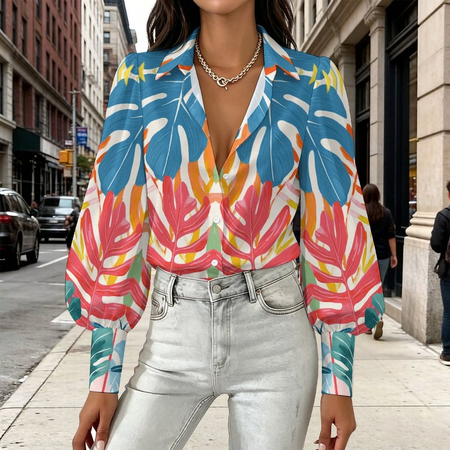 Camicia donna a manica lunga con maniche a palloncino e tessuto elasticizzato personalizzata