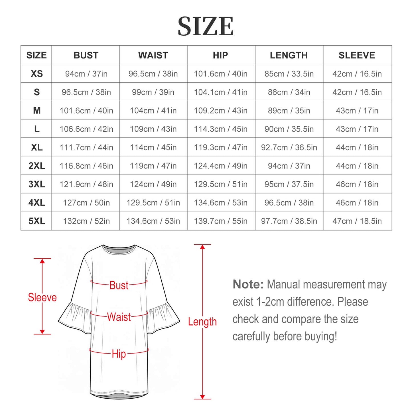 Vestito Casual Donna con Maniche a Balze — Personalizzabile con Stampa, dalla XS alla 5XL