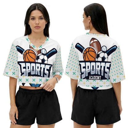 Maglia sportiva crop donna con scollo a V personalizzabile con stampa termica