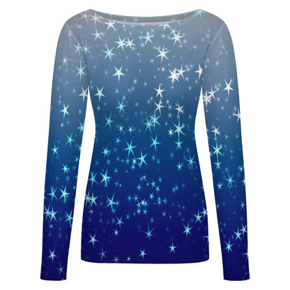 Big Round Neck Long Sleeved Shirt Stars, Blue, Gradients