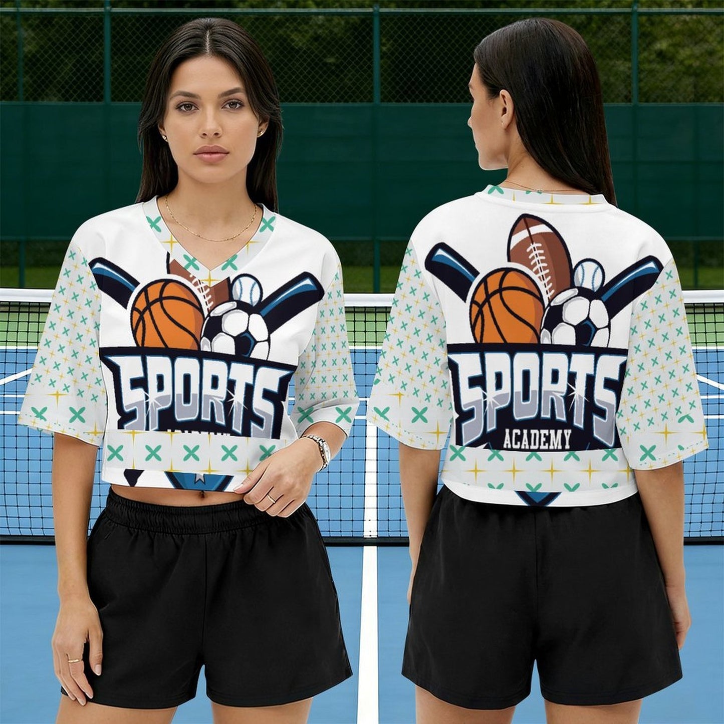 Maglia sportiva crop donna con scollo a V personalizzabile con stampa termica