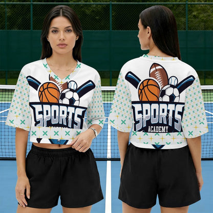 Maglia sportiva crop donna con scollo a V personalizzabile con stampa termica