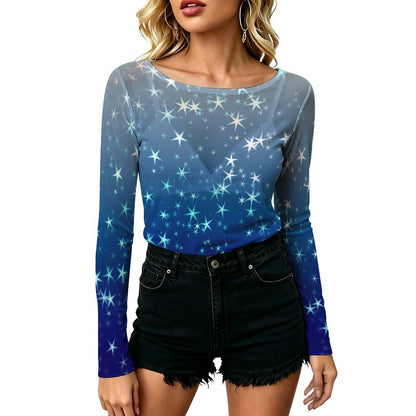 Big Round Neck Long Sleeved Shirt Stars, Blue, Gradients