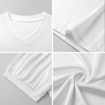T-shirt donna scollo a V con maniche a sbuffo in tessuto a piccoli costolati con stampa personalizzata