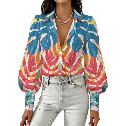 Camicia donna a manica lunga con maniche a palloncino e tessuto elasticizzato personalizzata