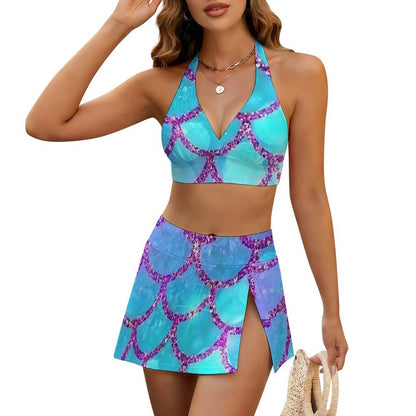 Costume due pezzi donna con spalline annodate e gonna con spacchi personalizzabile