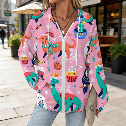 Felpa Donna con Zip e Cappuccio in Tessuto Waffle Personalizzabile