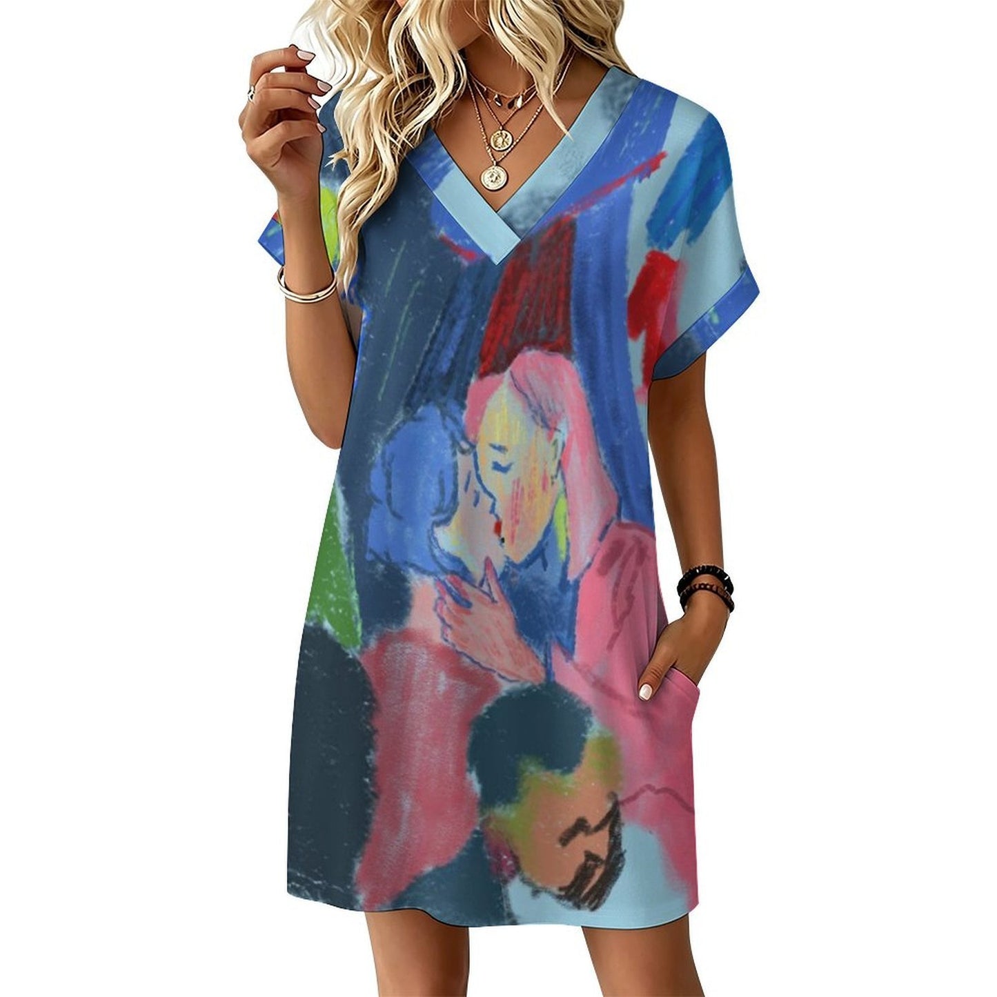 Vestito Casual Donna Scollo a V con Polsini Arrotolati — Personalizzabile con Stampa