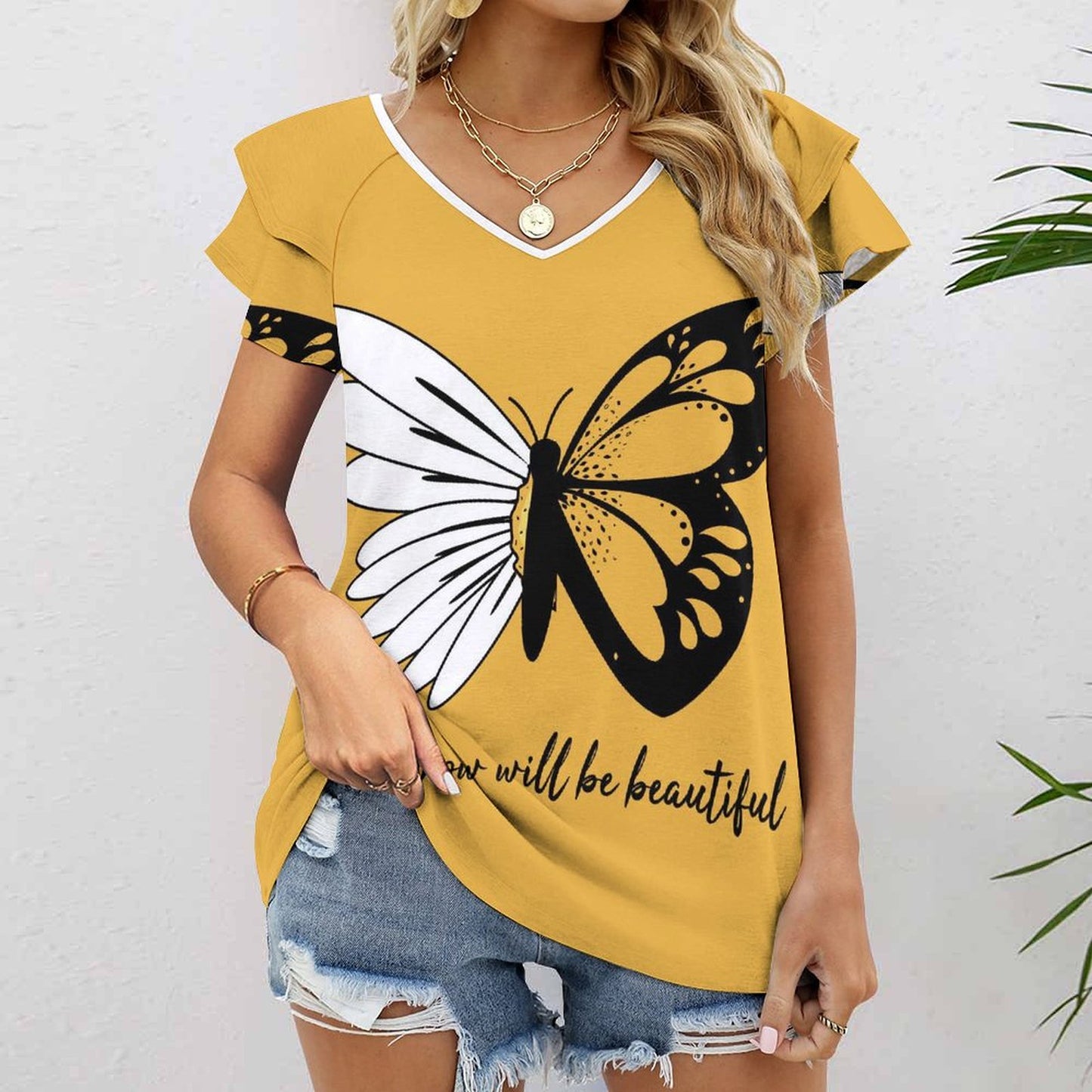 T-shirt V-neck Personalizzata con Volant | Tessuto Rinfrescante UPF 50+