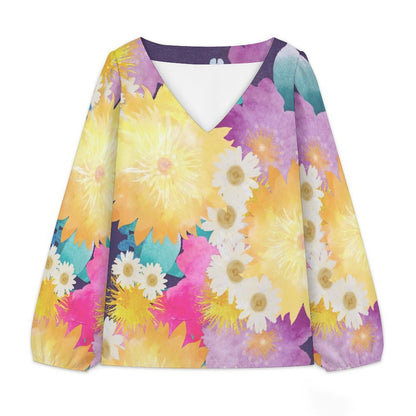 Camicia Donna Effetto Lino con Scollo a V e Maniche a Palloncino Personalizzabile