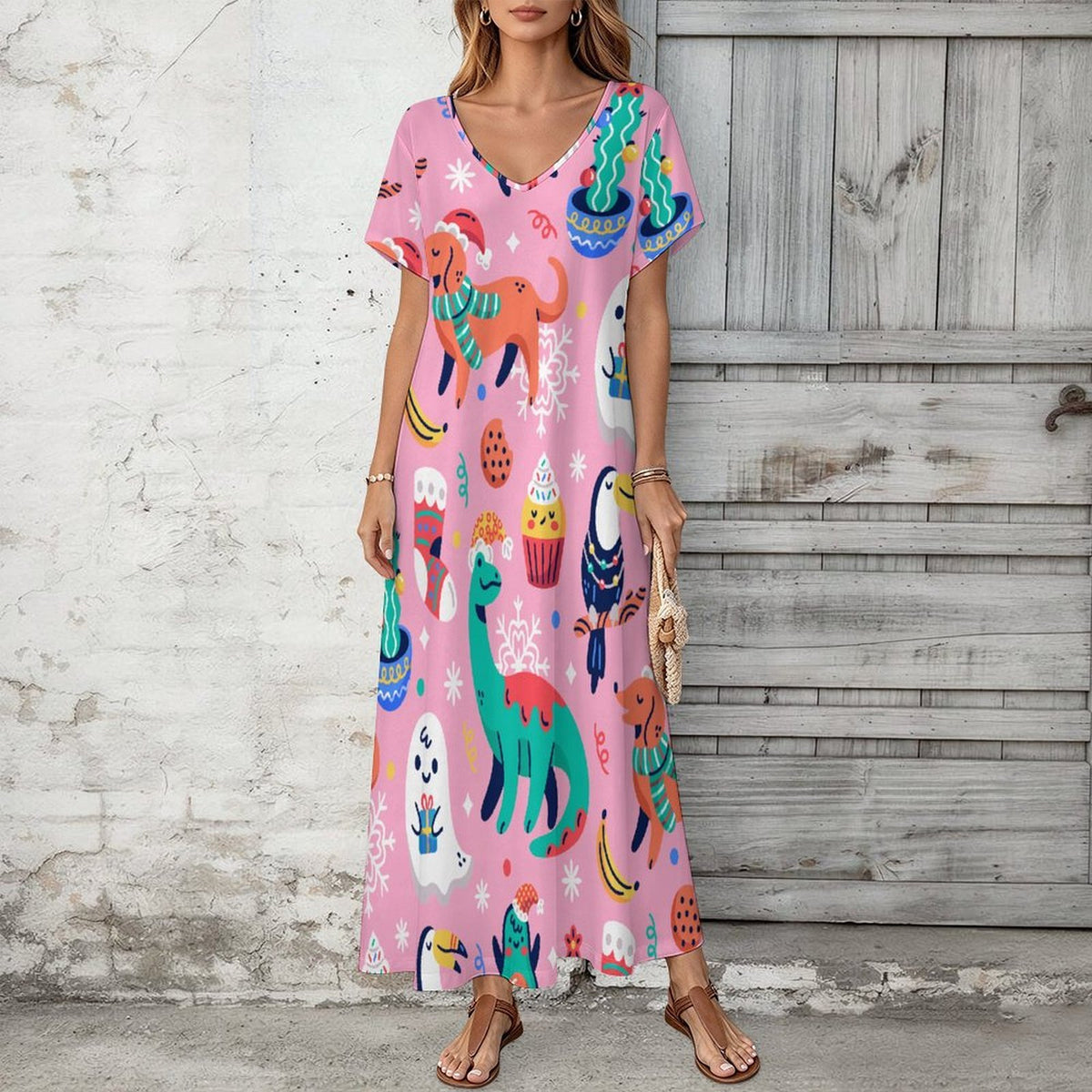 Abito Lungo Donna con Scollo a V in Tessuto Morbido Personalizzabile