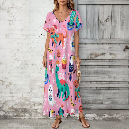 Abito Lungo Donna con Scollo a V in Tessuto Morbido Personalizzabile
