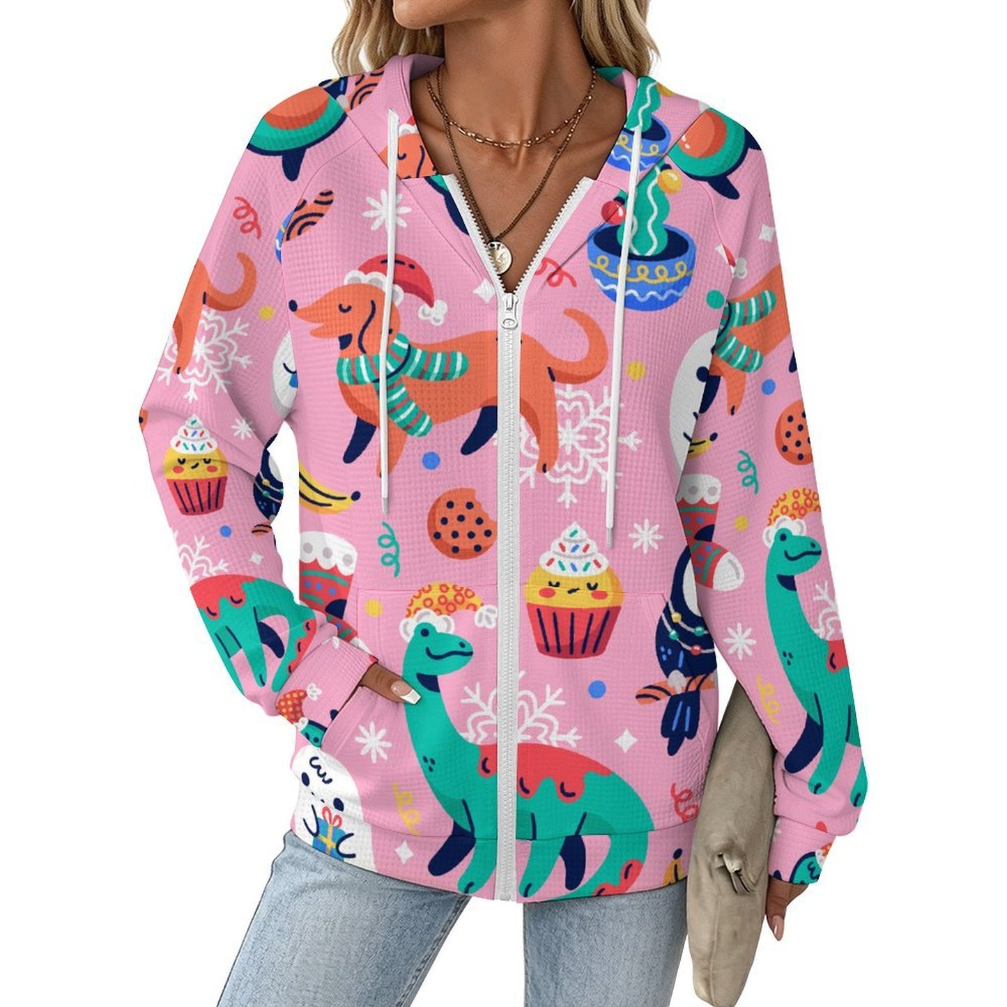 Felpa Donna con Zip e Cappuccio in Tessuto Waffle Personalizzabile