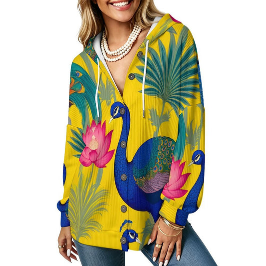 Cardigan Donna con Cappuccio e Bottoni in Maglia a Coste Personalizzabile