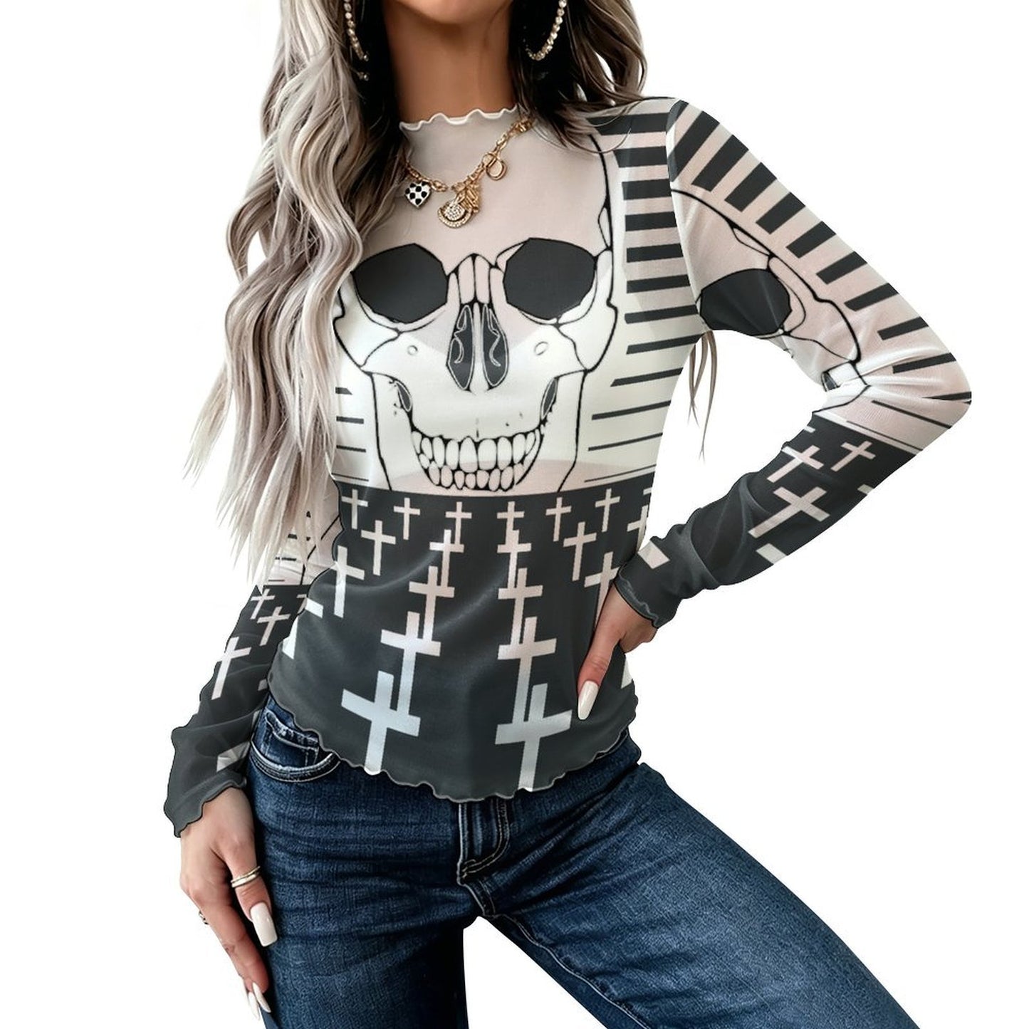 Maglia a Rete Collo Alto Maniche Lunghe Personalizzabile — Taglie S-5XL