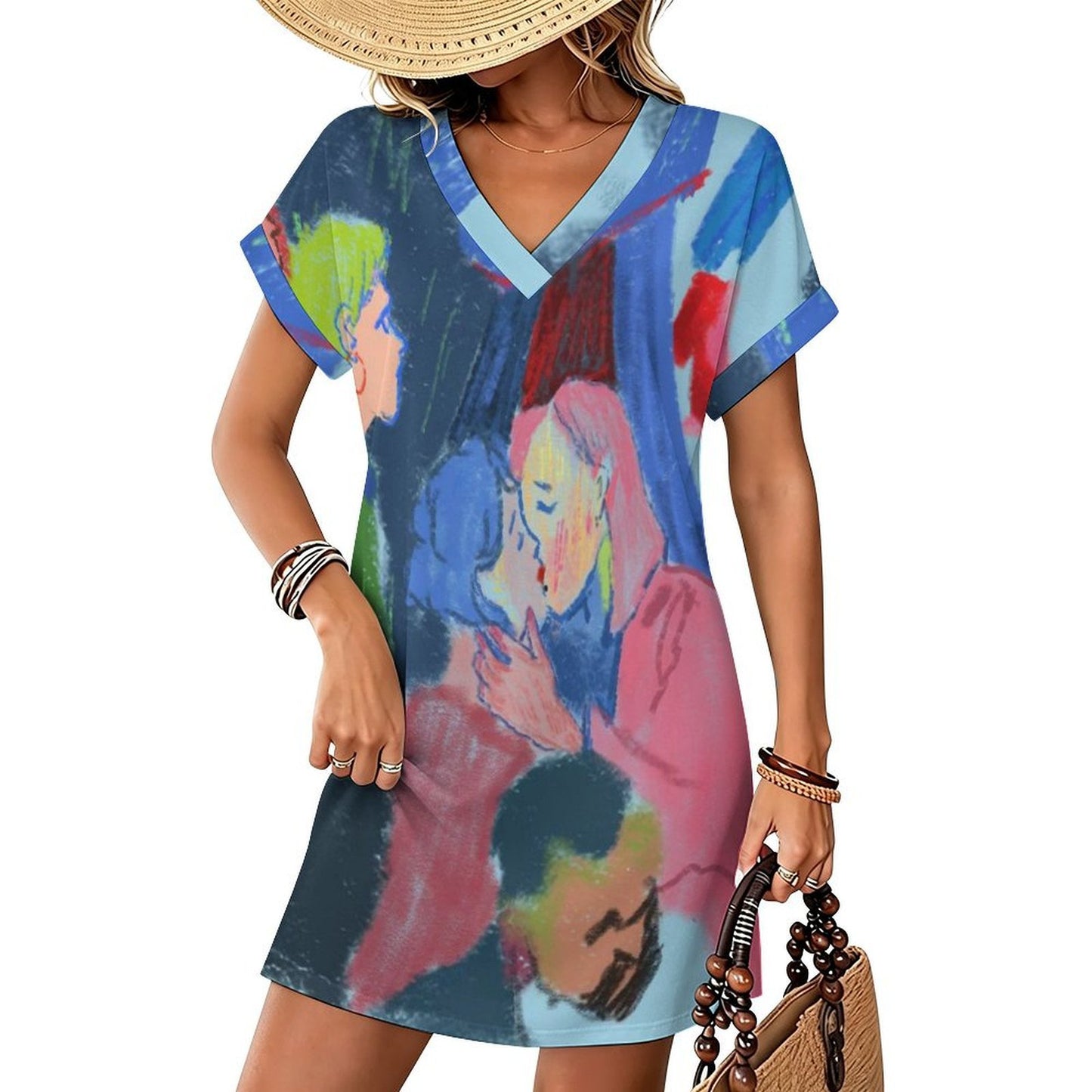 Vestito Casual Donna Scollo a V con Polsini Arrotolati — Personalizzabile con Stampa