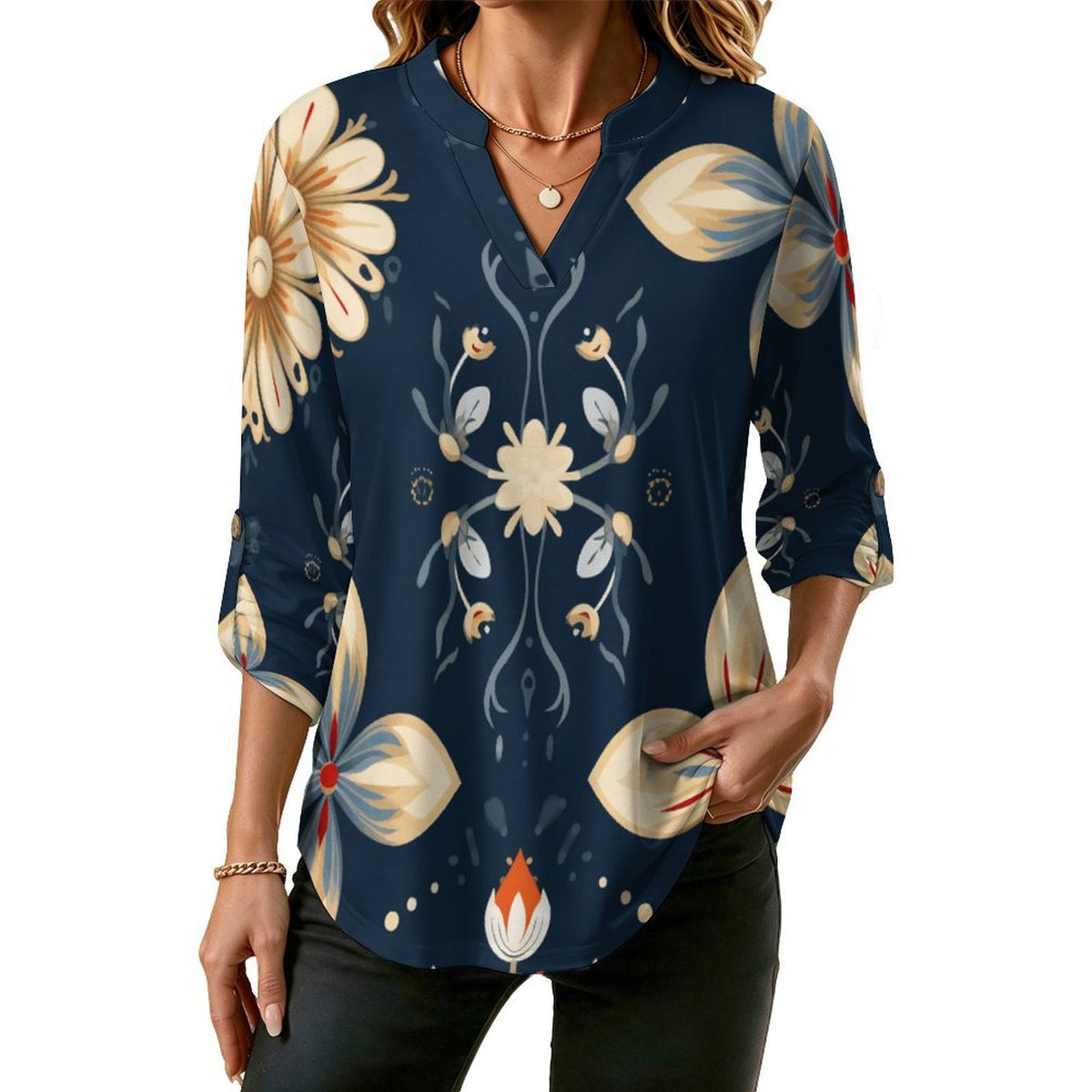Camicia Donna a Collo V con Maniche Regolabili e Stampa Personalizzabile