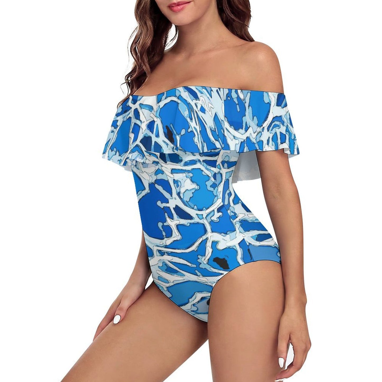 Costume intero donna con scollo bardot e volant personalizzabile