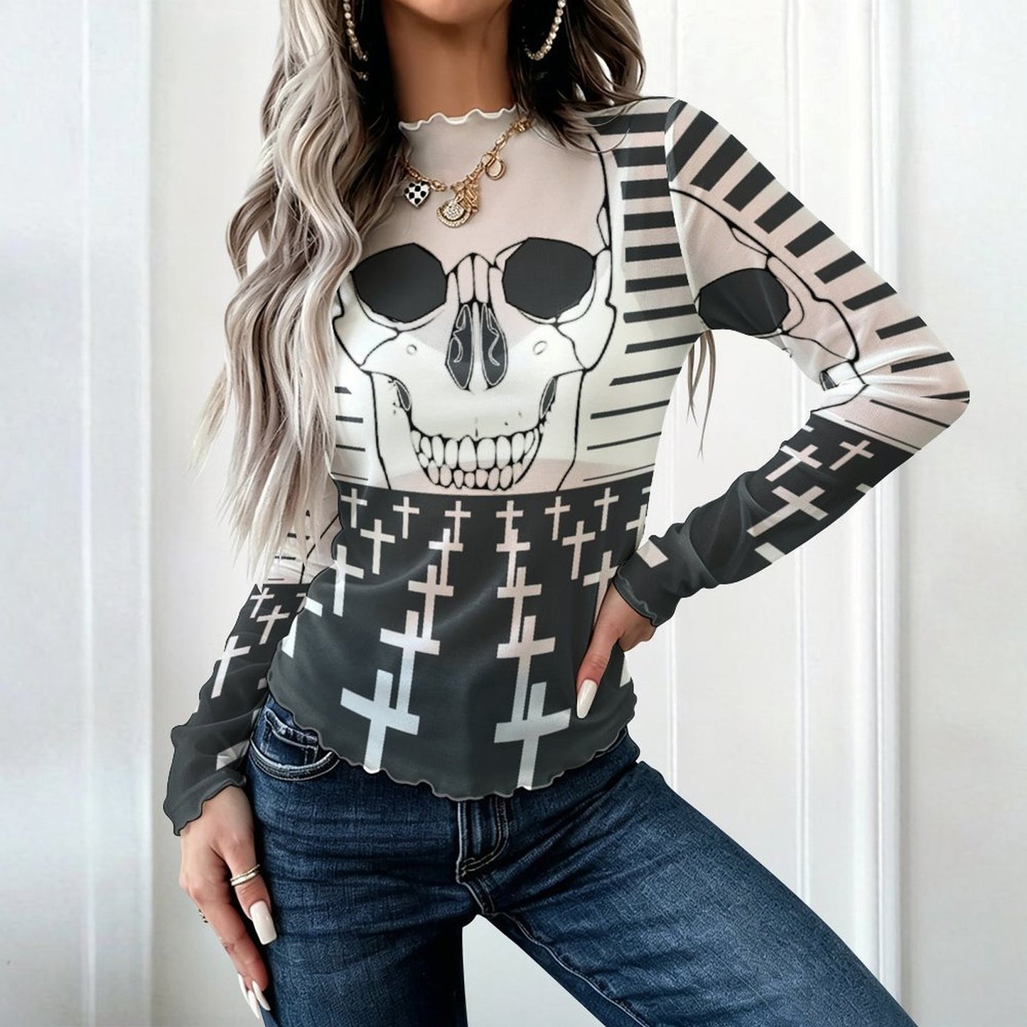 Maglia a Rete Collo Alto Maniche Lunghe Personalizzabile — Taglie S-5XL
