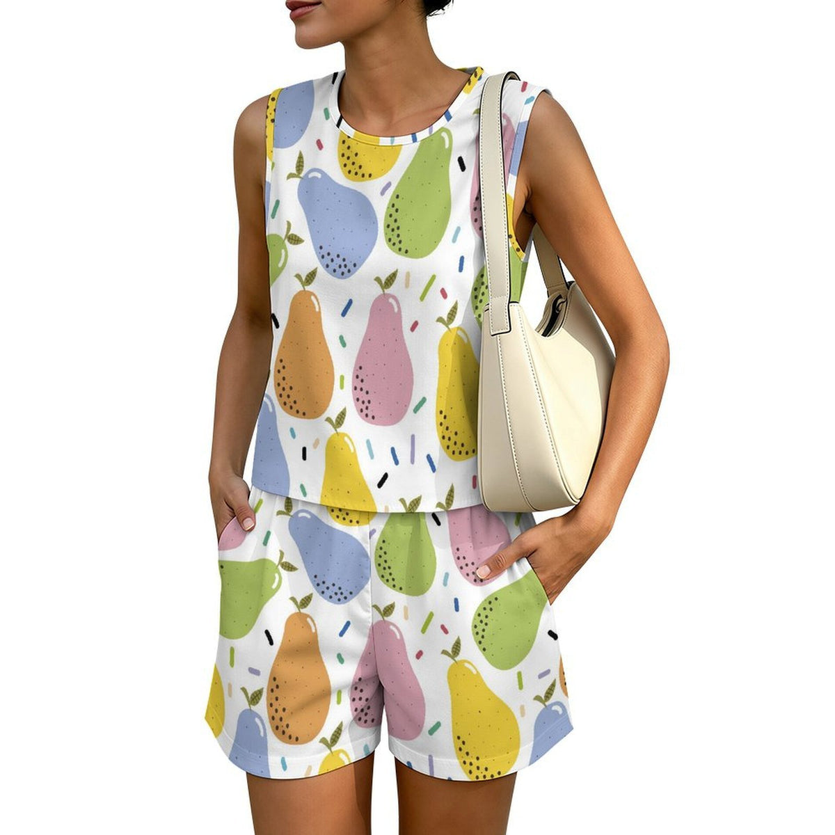Completo Pigiama Donna Estivo Effetto Lino Top Smanicato e Pantaloncini con Tasche