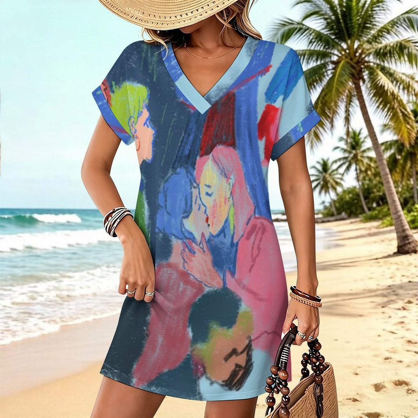 Vestito Casual Donna Scollo a V con Polsini Arrotolati — Personalizzabile con Stampa