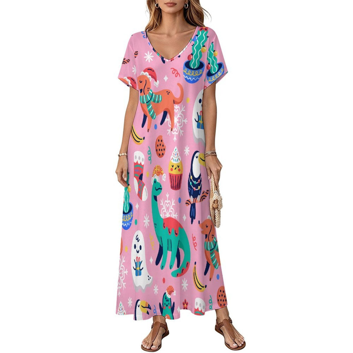 Abito Lungo Donna con Scollo a V in Tessuto Morbido Personalizzabile