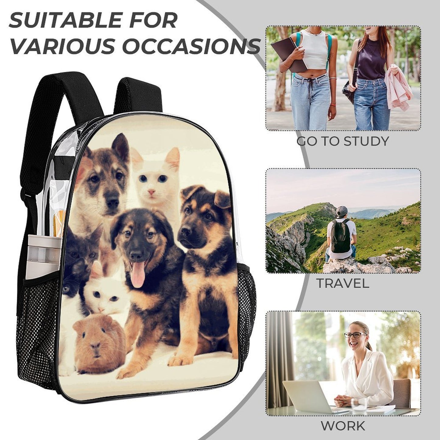 Set Borsa Trasparente 3 Pezzi Personalizzabile in PVC — Zaino, Borsa a Mano e Pochette