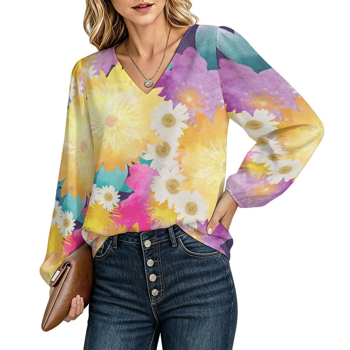 Camicia Donna Effetto Lino con Scollo a V e Maniche a Palloncino Personalizzabile