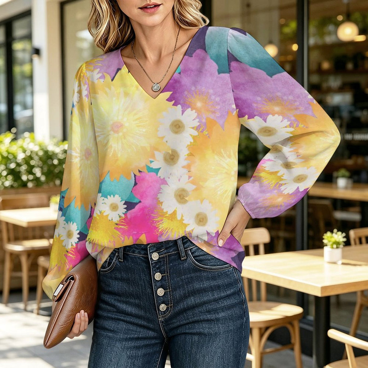 Camicia Donna Effetto Lino con Scollo a V e Maniche a Palloncino Personalizzabile